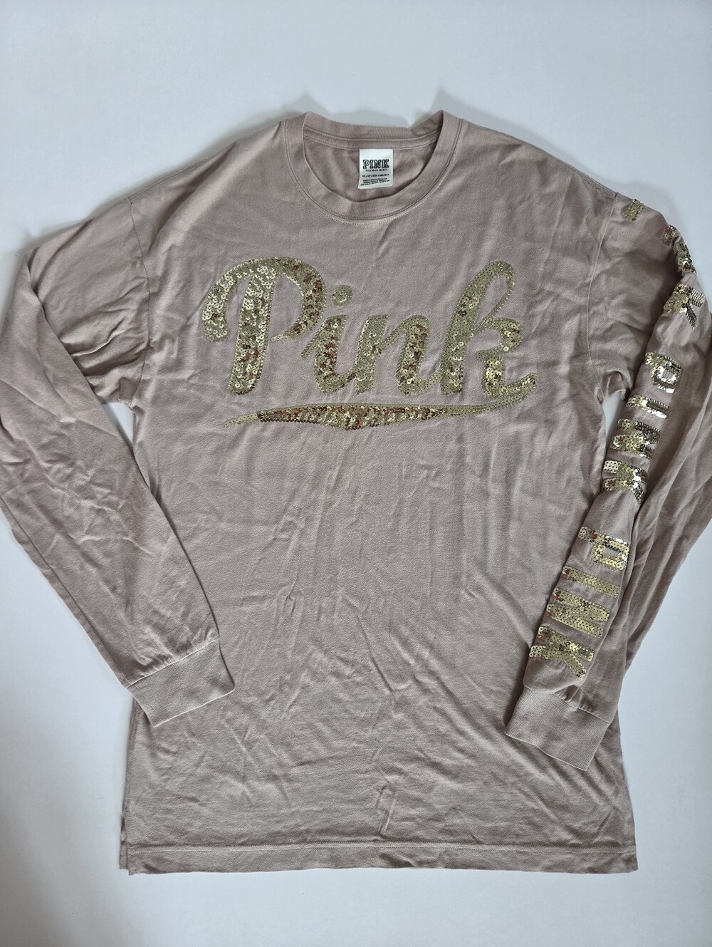 Victoria Secret beige nude long sleeve/pajama PINK gold sequins oversized XS-M